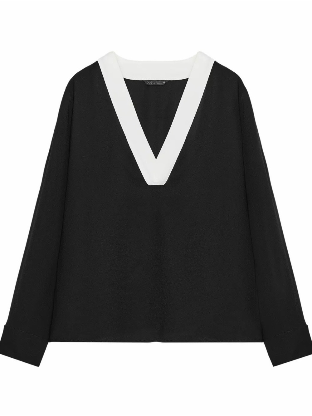 Zara Black Blouse with White V-Neck Trim